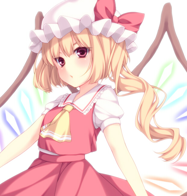&gt;:o 1girl :o arms_at_sides ascot blonde_hair blush bow collared_shirt commentary cowboy_shot crystal flandre_scarlet frilled_shirt_collar frills hat hat_bow kabata_(mechisan) looking_at_viewer mob_cap puffy_short_sleeves puffy_sleeves red_bow red_eyes red_skirt red_vest shirt short_hair_with_long_locks short_sleeves side_ponytail skirt skirt_set solo touhou white_background white_shirt wings