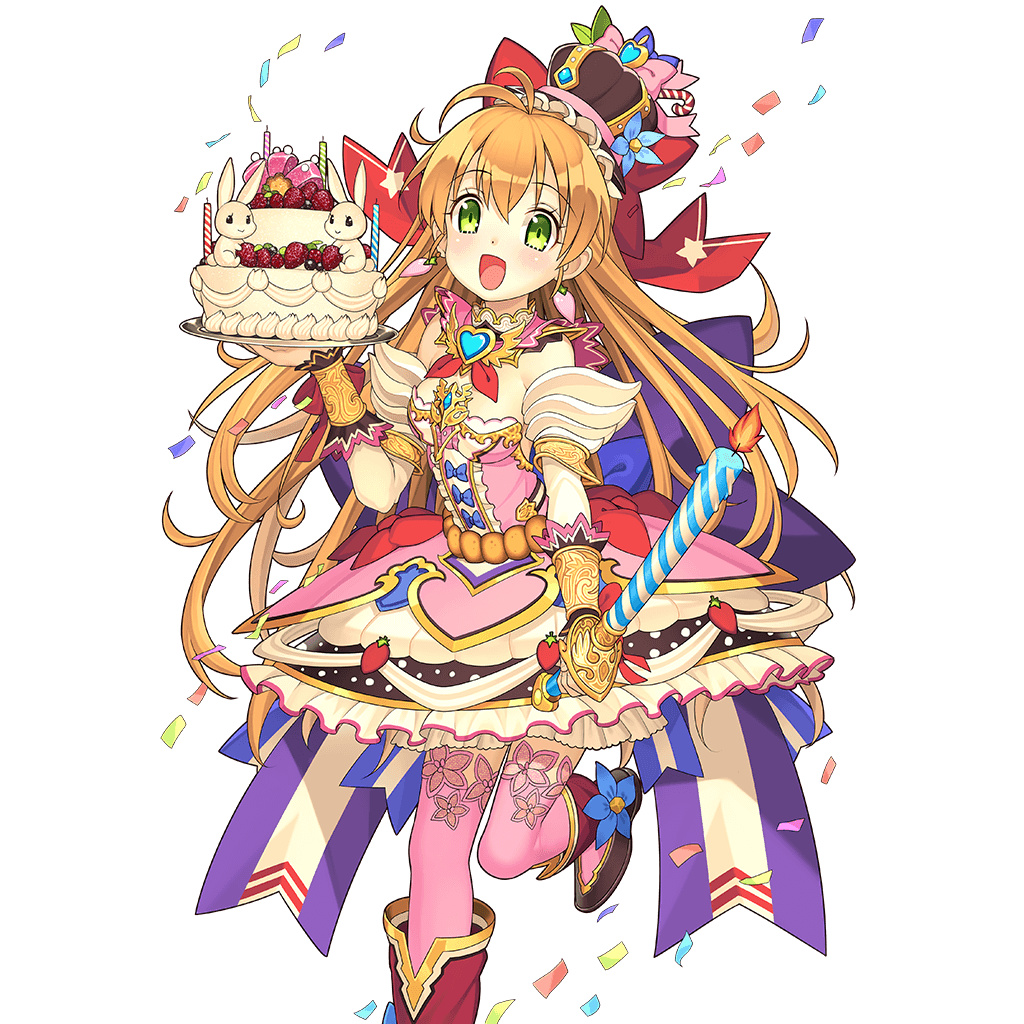 artist_request boots cake candle character_request confetti crown dress food food_themed_clothes green_eyes holding long_hair official_art open_mouth orange_hair pink_legwear sword thigh-highs transparent_background uchi_no_hime-sama_ga_ichiban_kawaii weapon