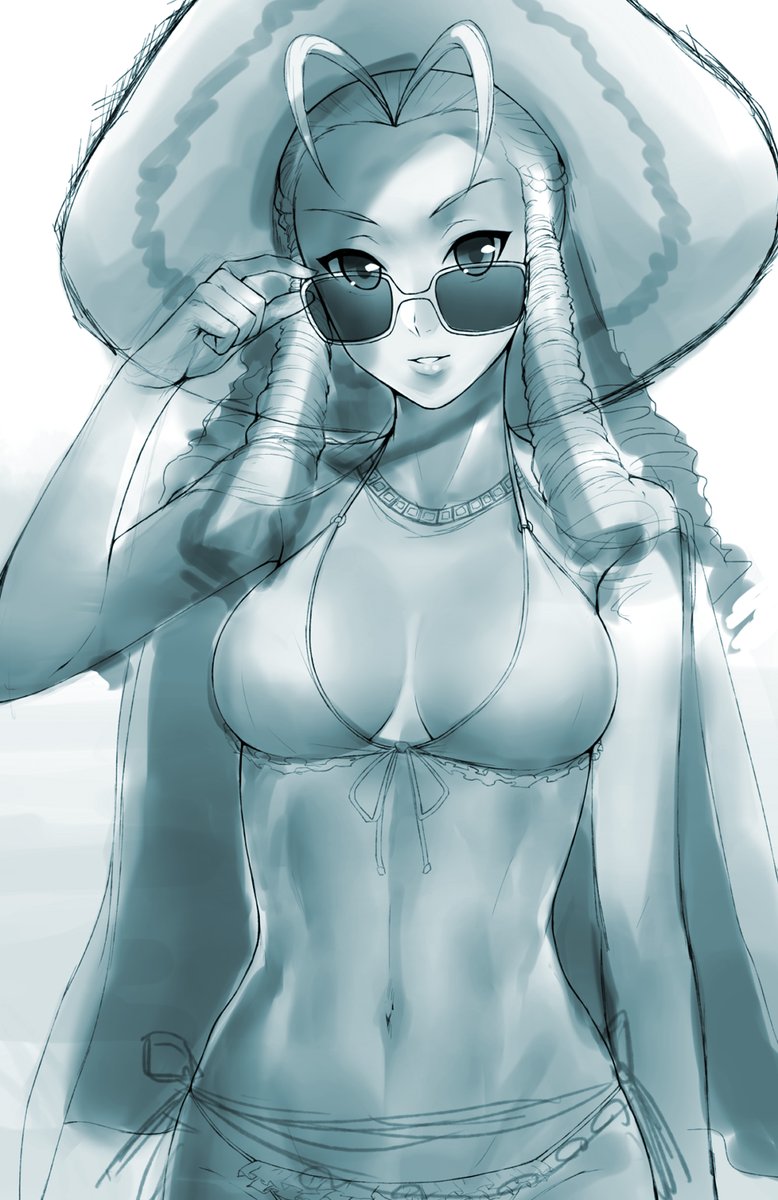 1girl ahoge alternate_costume antenna_hair artist_request belly_chain bikini breasts cleavage drill_hair front-tie_bikini front-tie_top hat highres jacket jacket_on_shoulders jewelry kanzuki_karin monochrome navel necklace ringlets side-tie_bikini smile solo source_request stomach street_fighter street_fighter_v sun_hat sunglasses swimsuit toned