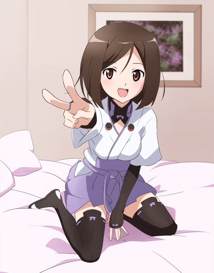 1girl bedroom between_legs brown_eyes brown_hair hakama_skirt hand_between_legs happy hide_0 indoors kuroda_kunika looking_at_viewer on_bed open_mouth outstretched_arm painting_(object) pillow pose short_hair sitting smile solo strike_witches thigh-highs v wariza world_witches_series