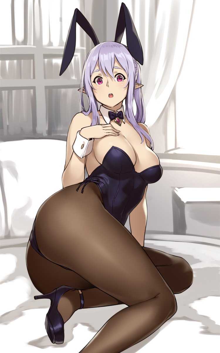 1girl animal_ears black_leotard bow bowtie breasts brown_legwear cleavage detached_collar hand_on_own_chest high_heels highres houtengeki indoors large_breasts leotard long_hair looking_at_viewer open_mouth pantyhose playboy_bunny_leotard pointy_ears purple_hair rabbit_ears sidelocks solo twintails violet_eyes wrist_cuffs