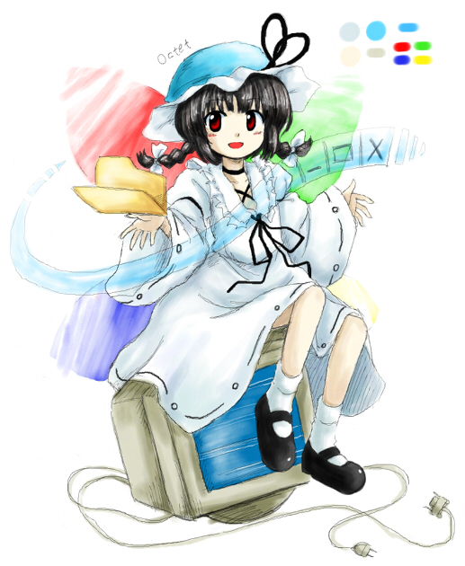 1girl :d bangs black_hair braid bucket_hat crt dress folder hat huyusilver looking_at_viewer mary_janes microsoft oota_jun'ya_(style) open_mouth palette parody personification plug red_eyes shoes smile solo style_parody twin_braids windows_8 wings