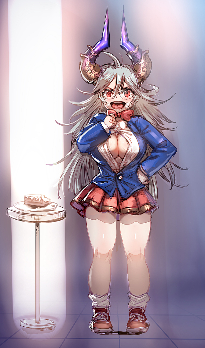 &gt;:d 1girl :d ahoge bangs bespectacled blue_jacket bow bow_(bhp) bowtie breasts cake center_opening cosplay curvy doraf eating edogawa_conan edogawa_conan_(cosplay) eyebrows eyebrows_visible_through_hair food food_on_face full_body glasses granblue_fantasy grey_hair hair_between_eyes hand_on_hip horns jacket large_breasts long_hair long_sleeves meitantei_conan miniskirt no_bra open_clothes open_jacket open_mouth open_shirt pleated_skirt red_bow red_shoes red_skirt sarasa_(granblue_fantasy) seiyuu_connection shirt shoes skirt smile sneakers socks solo standing table takayama_minami white_shirt