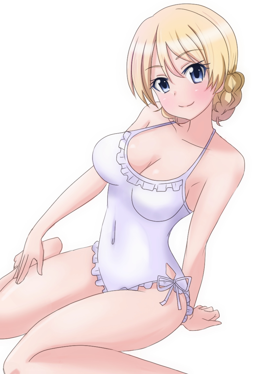 1girl alternate_costume ankoro_(momomonsss) arm_support bare_arms bare_shoulders blonde_hair blue_eyes braid breasts cleavage commentary_request covered_navel darjeeling eyebrows eyebrows_visible_through_hair french_braid girls_und_panzer happy_birthday highres large_breasts light_smile looking_at_viewer simple_background sitting solo wariza white_background