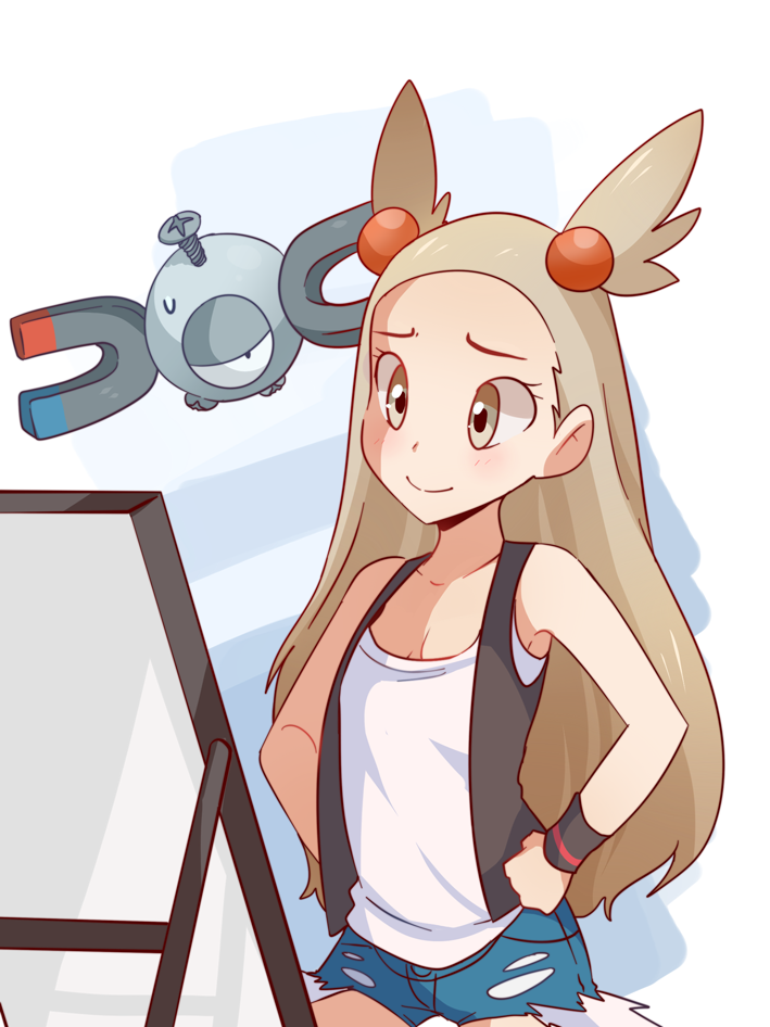 1girl brown_eyes brown_hair female flat_chest hair_ornament hands_on_hips long_hair magnemite mikan_(pokemon) pink_(4chan) pokemon pokemon_(creature) shirt shorts solo standing t-shirt touko_(pokemon) touko_(pokemon)_(cosplay) wristband