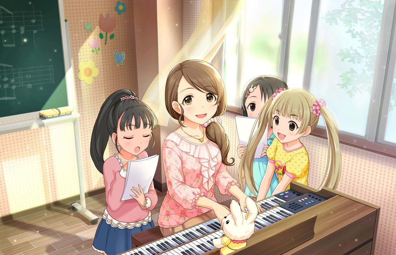 4girls artist_request beamed_quavers bench black_hair brown_eyes brown_hair bunny_hair_ornament chalkboard closed_eyes crotchet eraser fukuyama_mai hair_ornament hair_over_shoulder hairclip idolmaster idolmaster_cinderella_girls idolmaster_cinderella_girls_starlight_stage inside instrument jewelry light_brown_hair long_hair mochida_arisa multiple_girls musical_note musical_note_hair_ornament necklace official_art open_mouth organ ponytail puppet quaver sasaki_chie scrunchie short_hair side_ponytail sitting smile staff_(music) stuffed_animal stuffed_bunny stuffed_toy twintails window yokoyama_chika