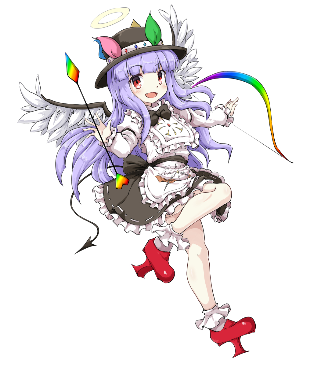1boy :d arrow bird_wings bobby_socks bow bow_(weapon) bowtie demon_tail fang full_body geta halo hat highres huyusilver long_hair looking_at_viewer mrs._estacion open_mouth oshiromi_reshino otoko_no_ko purple_hair red_eyes shoes skirt smile socks solo standing standing_on_one_leg tail tengu-geta very_long_hair weapon wings