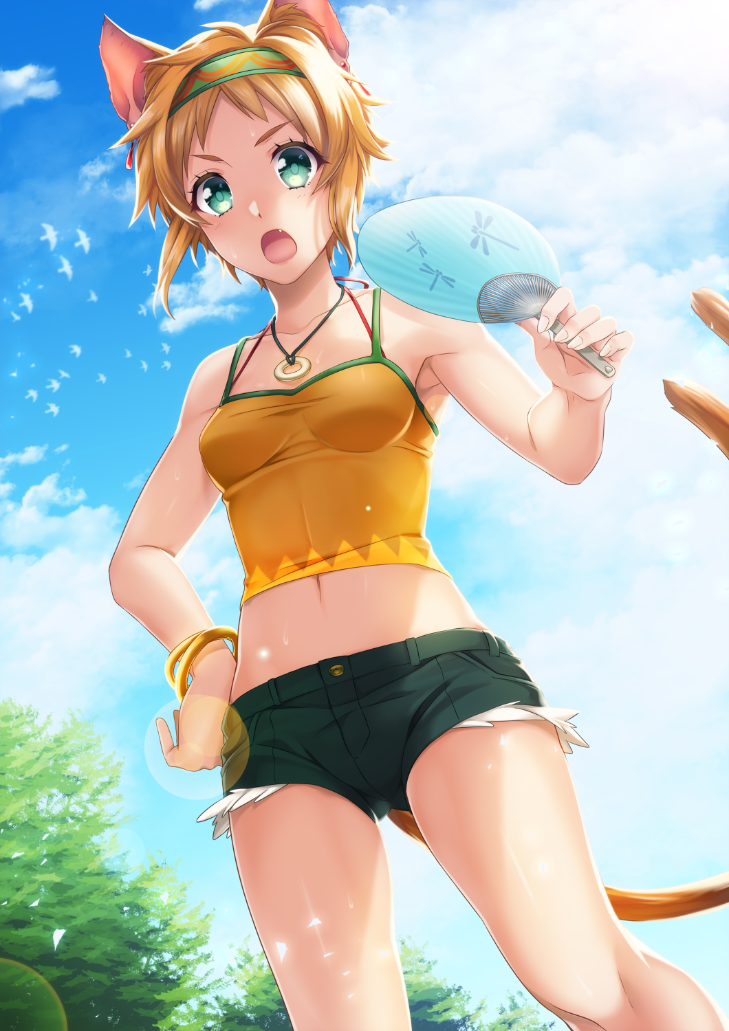 &gt;:o 1girl :o animal_ears aqua_eyes ass_visible_through_thighs bangle bare_shoulders bird blonde_hair blue_eyes bra_strap bracelet breasts camisole cat_ears cat_tail clouds collarbone crop_top cutoffs earrings fan fang from_below hairband hand_on_hip highres holding_fan hot jewelry lens_flare looking_at_viewer midriff navel necklace open_mouth original outdoors paper_fan pendant short_hair short_shorts shorts sky solo spaghetti_strap sunlight sweat tail taut_clothes uchiwa urushibara_rikka