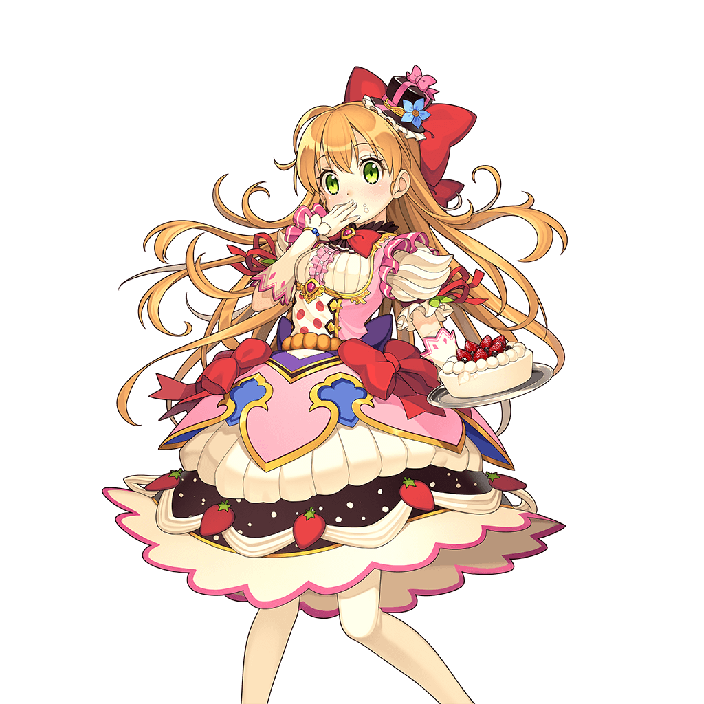 1girl artist_request blush cake character_request covering_mouth dress eating floating_hair food food_themed_clothes green_eyes hand_over_own_mouth hat long_hair mini_hat official_art orange_hair solo transparent_background tray uchi_no_hime-sama_ga_ichiban_kawaii