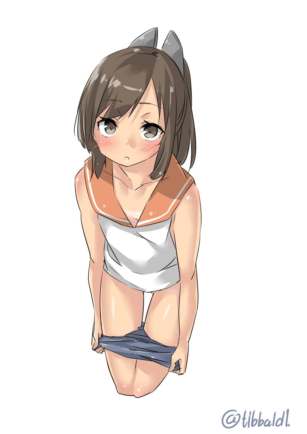 1girl bangs bare_arms blush brown_eyes brown_hair collarbone cowboy_shot cropped_legs ebifurya eyebrows eyebrows_visible_through_hair hair_ornament highres i-401_(kantai_collection) kantai_collection leaning_forward looking_at_viewer no_panties parted_lips ponytail sailor_collar simple_background sleeveless solo tan tanline twitter_username undressing white_background