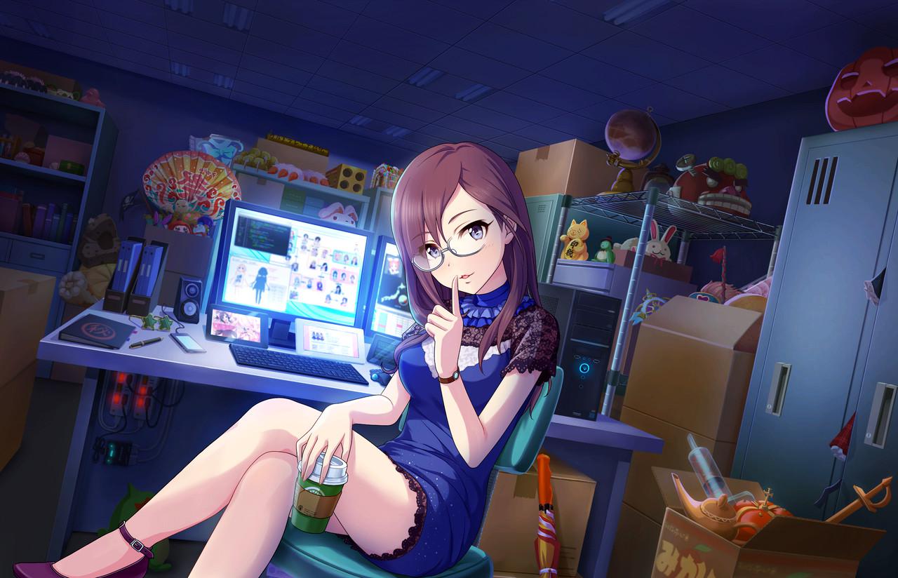 1girl artist_request blue_eyes brown_hair computer crossed_legs cup dutch_angle finger_to_mouth glasses idolmaster idolmaster_cinderella_girls idolmaster_cinderella_girls_starlight_stage long_hair official_art sitting solo yagami_makino