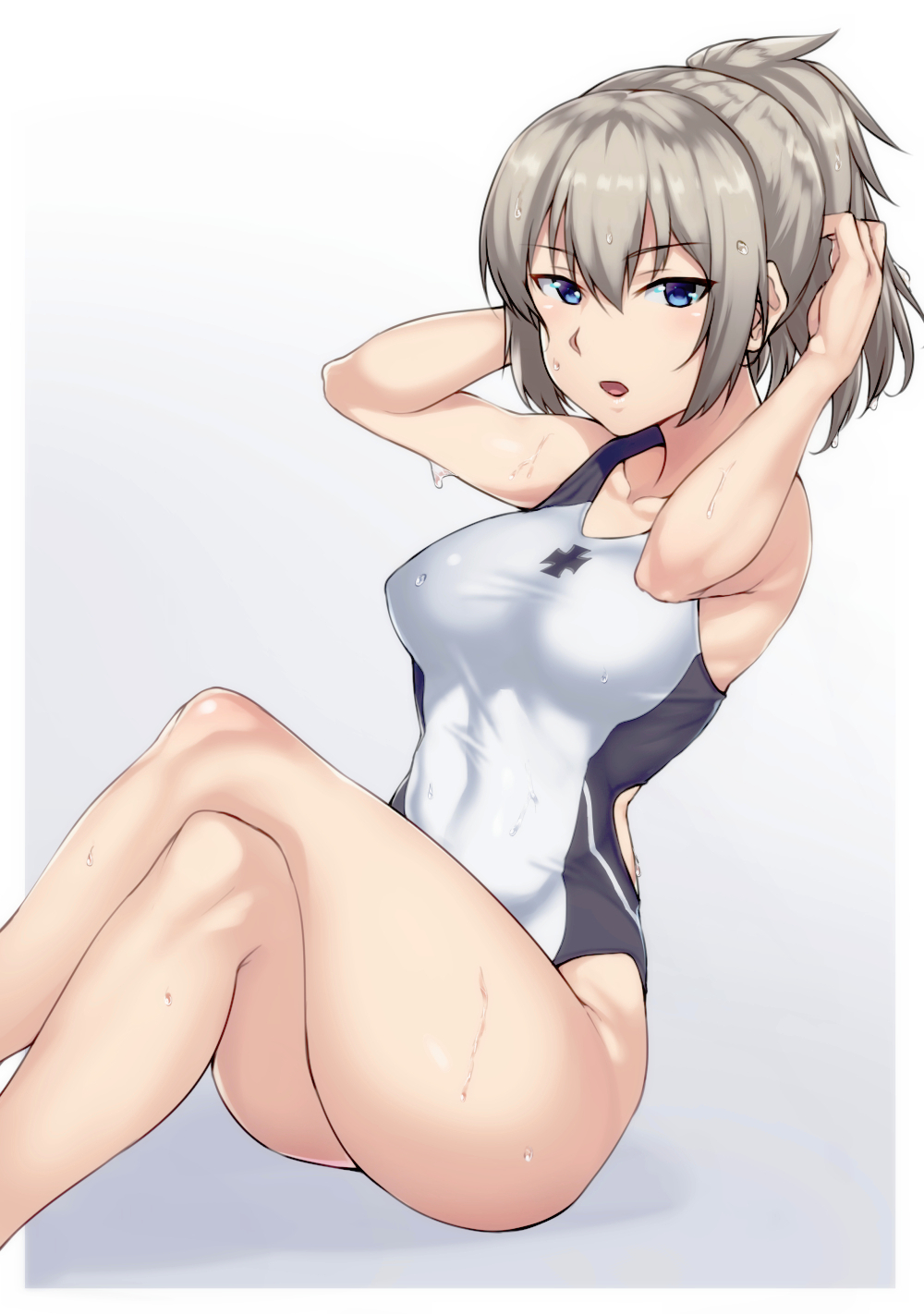 1girl blue_eyes competition_swimsuit crossed_legs girls_und_panzer highres itsumi_erika one-piece_swimsuit ponytail short_hair silver_hair sitting swimsuit wet yamaori