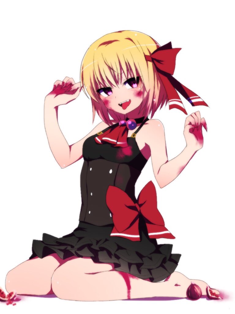 1girl alternate_costume ankles ascot barefoot black_dress blonde_hair breasts corset dress fingernails food frilled_dress frills fruit hair_ribbon hands_up legs nail_polish pomegranate purple_nails ribbon rumia sharp_fingernails shiny shiny_hair short_dress short_hair simple_background sitting small_breasts solo stained_clothes tongue tongue_out touhou wariza white_background you_(noanoamoemoe)