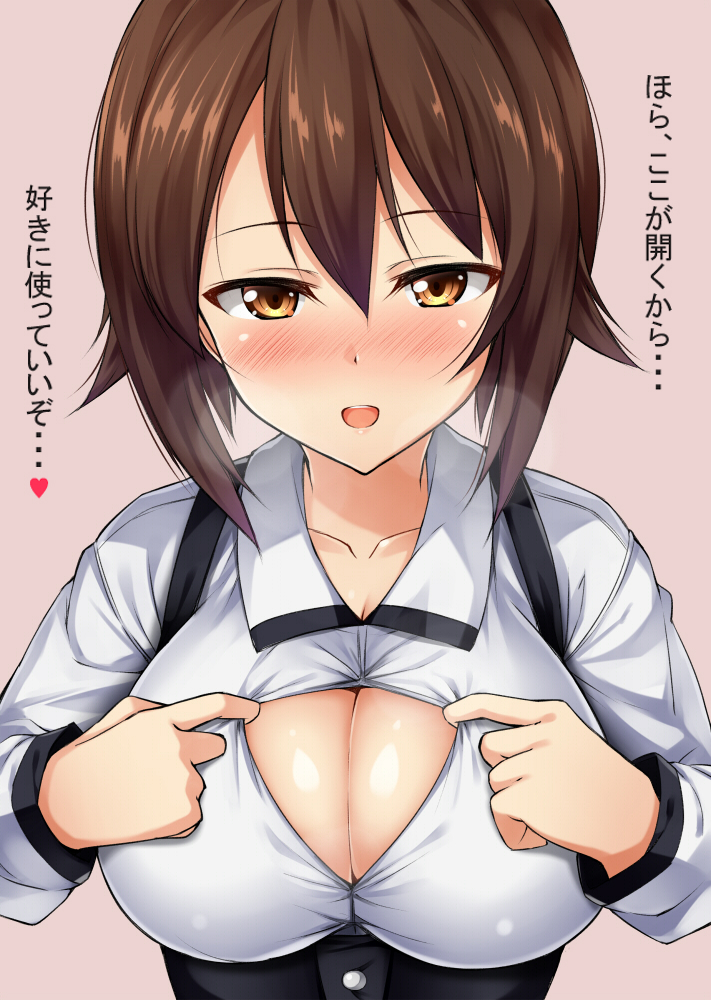 1girl alternate_costume blush breasts breath brown_eyes brown_hair cleavage_cutout collarbone girls_und_panzer hair_between_eyes kuragari large_breasts long_sleeves looking_at_viewer nishizumi_maho open_mouth pink_background short_hair simple_background solo translation_request upper_body virgin_killer_outfit