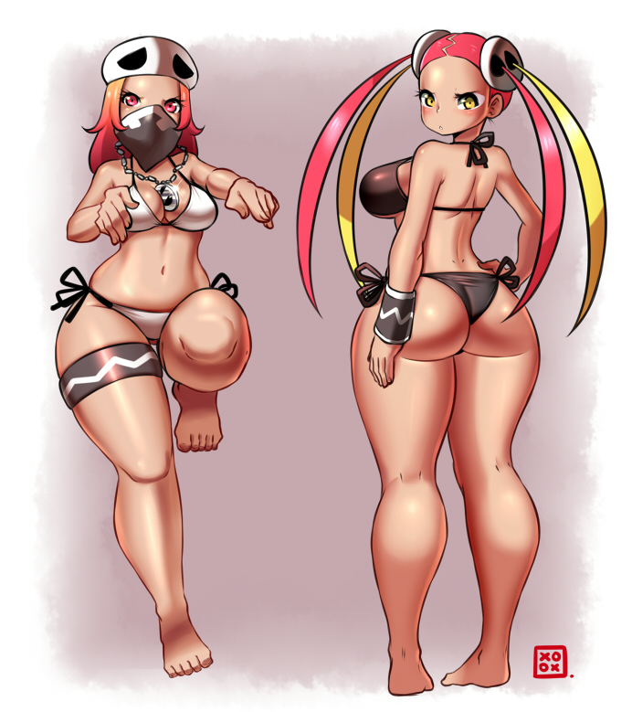 2girls ass back bandana_over_mouth barefoot beanie bikini breasts cleavage feet hat kenron_toqueen kogal looking_at_viewer looking_back multiple_girls navel pink_eyes pink_hair plumeria_(pokemon) pokemon pokemon_(game) pokemon_sm quad_tails stomach swimsuit team_skull team_skull_grunt thick_thighs thighs wide_hips yellow_eyes