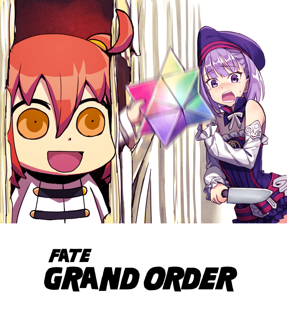 2girls :d ahoge bare_shoulders belt blush detached_sleeves dress fate/grand_order fate_(series) female_protagonist_(fate/grand_order) flat_chest hat helena_blavatsky_(fate/grand_order) here's_johnny! holding holding_knife knife long_sleeves matsuryuu multiple_girls open_mouth orange_hair parody purple_hair riyo_(lyomsnpmp)_(style) short_hair side_ponytail sleeveless sleeveless_dress smile strapless strapless_dress teeth the_shining thigh-highs violet_eyes weapon yellow_eyes