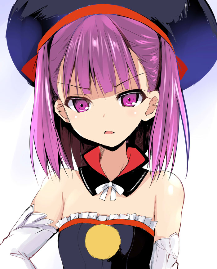 1girl bare_shoulders detached_collar detached_sleeves fate/grand_order fate_(series) hand_on_hip hat helena_blavatsky_(fate/grand_order) looking_at_viewer parted_lips purple_hair sen_(astronomy) short_hair simple_background solo violet_eyes white_background
