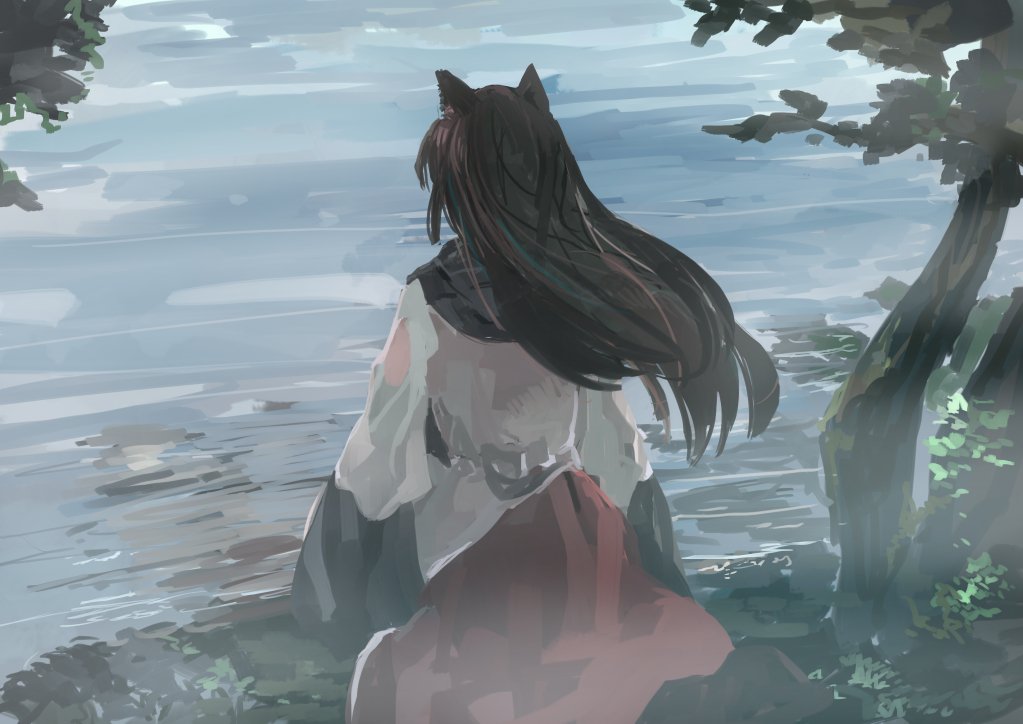 1girl animal_ears brown_hair dress from_behind grass ichiba_youichi imaizumi_kagerou long_hair long_sleeves multicolored_dress peaceful red_dress soaking_feet solo touhou tree water white_dress wide_sleeves wind wolf_ears