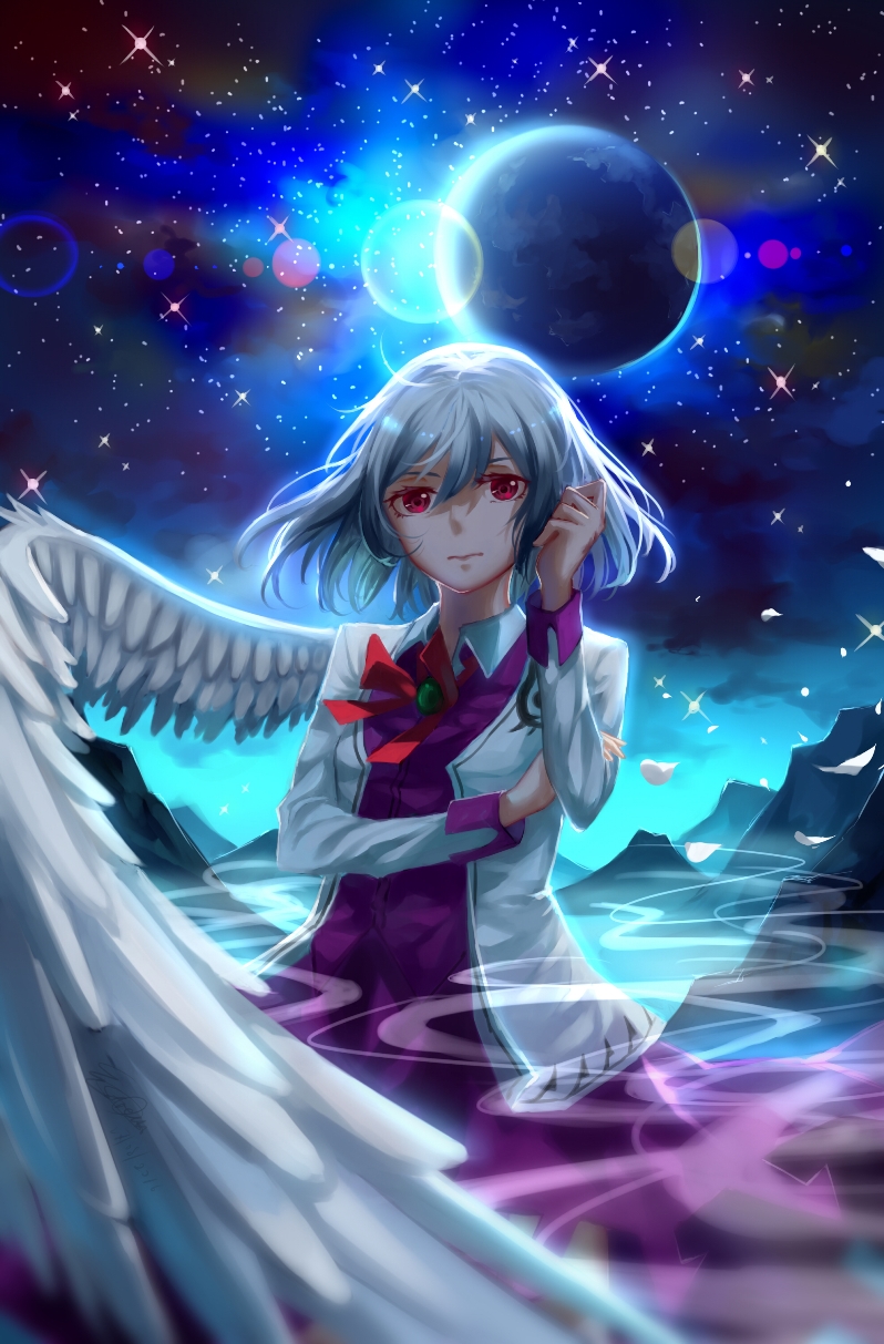 1girl bow bowtie brooch closed_mouth cowboy_shot dress feathered_wings grey_jacket highres jewelry kishin_sagume long_sleeves looking_at_viewer mountain playing_with_own_hair purple_dress red_bow red_bowtie red_eyes silver_hair single_wing sky sleeve_cuffs solo star_(sky) starry_sky touhou white_wings wings ze_xia