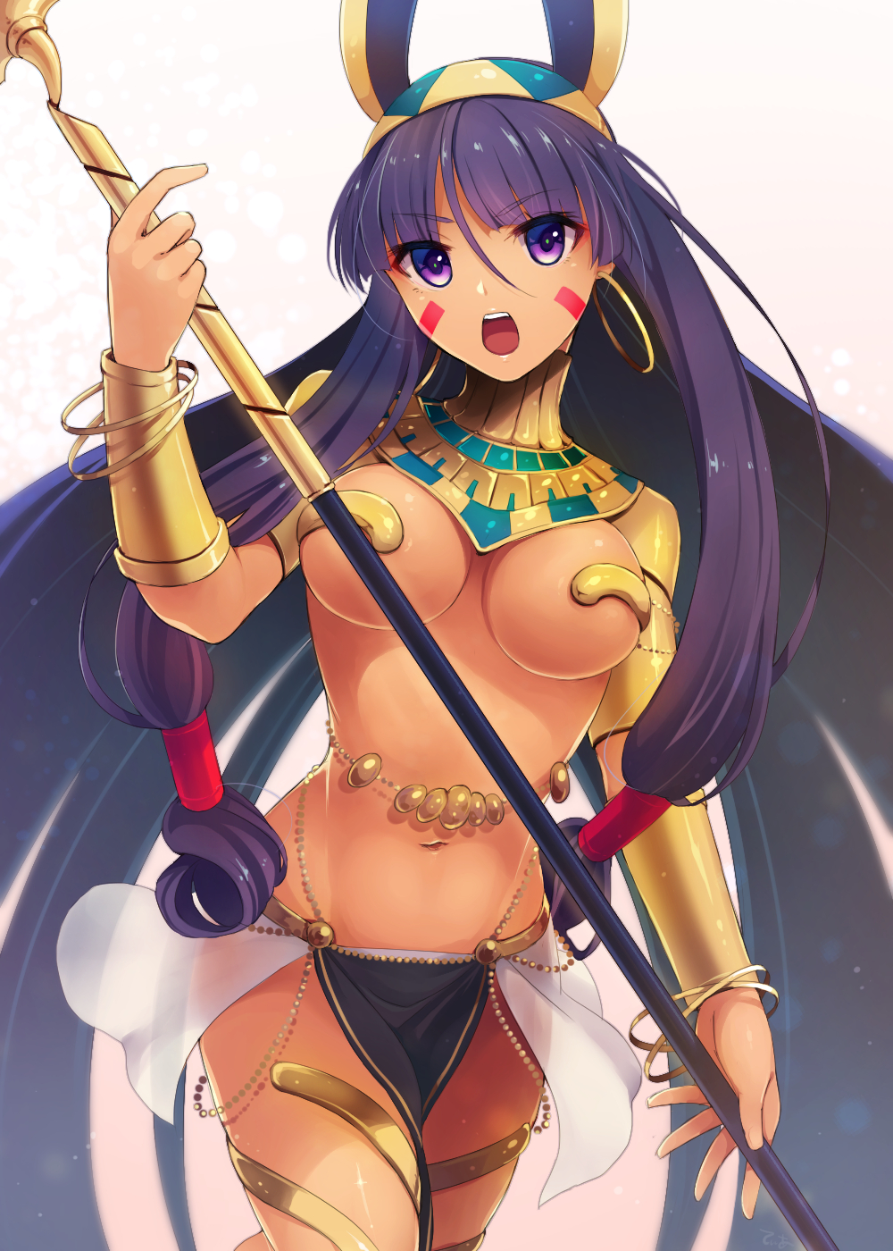 1girl bracelet bracer breasts cocorosso dark_skin earrings fate/grand_order fate_(series) highres jackal_ears jewelry long_hair navel nitocris_(fate/grand_order) open_mouth purple_hair revealing_clothes solo staff teeth violet_eyes