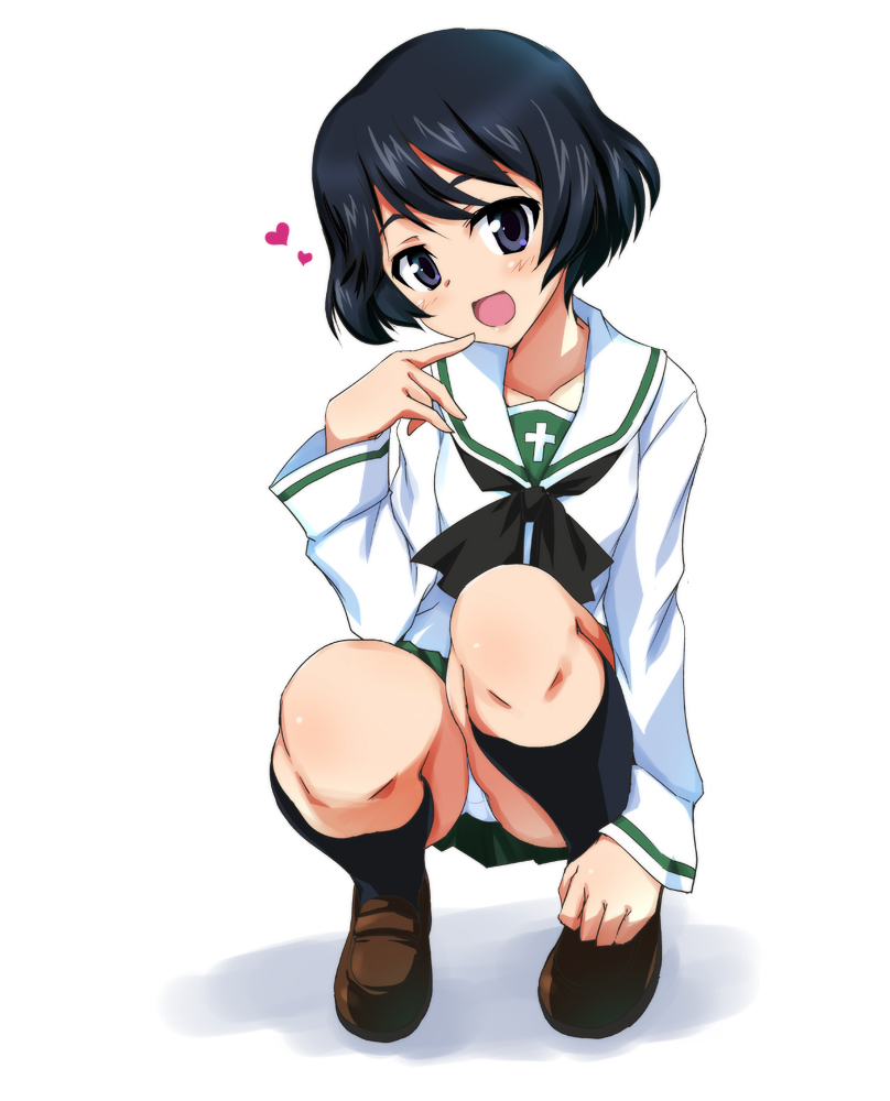 1girl bangs black_eyes black_hair black_legwear blouse blush brown_shoes full_body girls_und_panzer green_skirt kneehighs loafers long_sleeves looking_at_viewer miniskirt neckerchief open_mouth ouhashi panties pantyshot pantyshot_(squatting) pleated_skirt school_uniform serafuku shoes short_hair simple_background skirt smile solo squatting underwear utsugi_yuuki white_background white_blouse white_panties