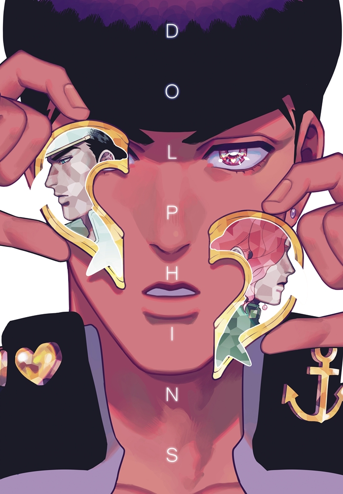 3boys black_hair collarbone cover cover_page doujin_cover earrings face hat heart higashikata_jousuke jewelry jojo_no_kimyou_na_bouken kakyouin_noriaki kuujou_joutarou male_focus multiple_boys nashi_y peace_symbol pink_eyes pompadour purple_hair redhead stud_earrings