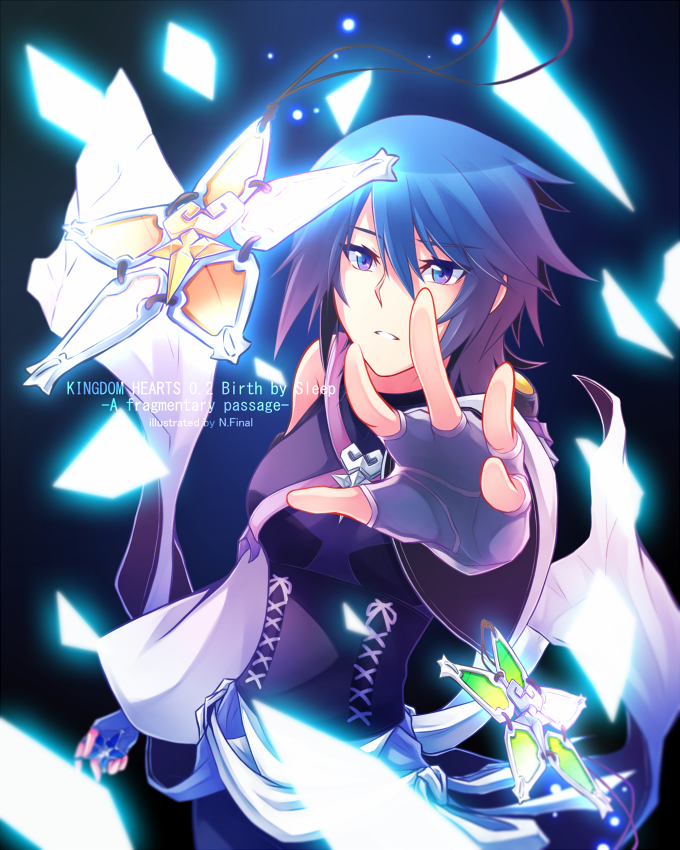1girl aqua_(kingdom_hearts) artist_name blue_eyes blue_hair breasts copyright_name eyelashes fingerless_gloves gloves hair_between_eyes holding jewelry jin.n kingdom_hearts kingdom_hearts_birth_by_sleep lace light_particles long_sleeves looking_up necklace reaching solo star text