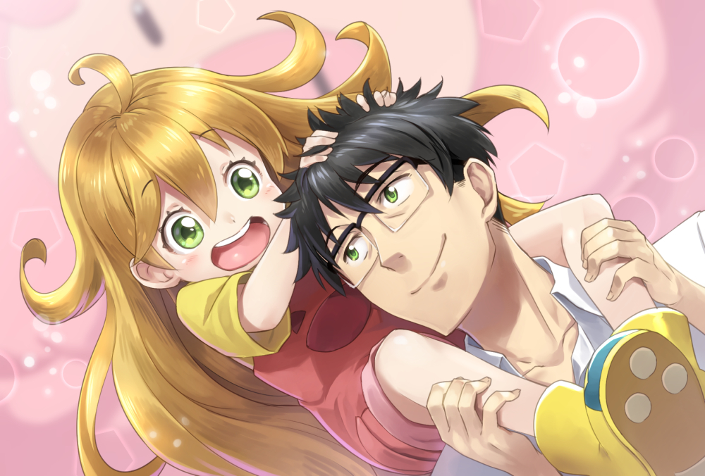 1boy 1girl ahoge amaama_to_inazuma black-framed_eyewear black_hair blonde_hair blush boots carrying closed_mouth collarbone collared_shirt dutch_angle eyebrows eyebrows_visible_through_hair father_and_daughter glasses green_eyes hair_between_eyes hands_in_hair hands_on_another's_head inuzuka_kouhei inuzuka_tsumugi leg_grab long_hair looking_up over-rim_glasses pink_background rubber_boots semi-rimless_glasses shirt short_hair shoulder_carry smile tokumaro very_long_hair white_shirt wing_collar yellow_shirt