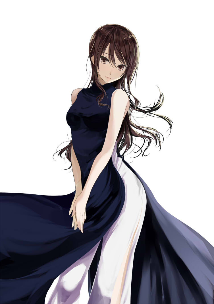 1girl bare_shoulders breasts brown_eyes brown_hair character_request chef_no_kimagure_salad china_dress chinese_clothes commentary_request dress female long_hair looking_at_viewer medium_breasts side_slit simple_background sleeveless solo v_arms white_background