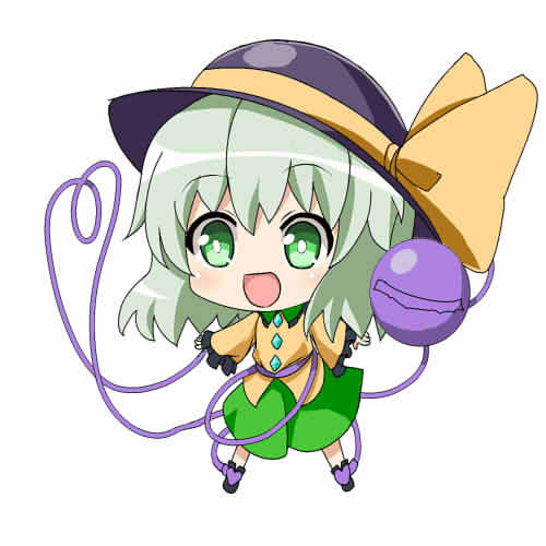 1girl :d arms_at_sides black_hat black_shoes blush bow chibi eyeball frilled_sleeves frills full_body green_eyes green_hair green_skirt hat hat_bow heart heart_of_string honda_takaharu jpeg_artifacts komeiji_koishi long_sleeves looking_at_viewer lowres open_mouth shirt shoes skirt smile solo third_eye touhou white_background wide_sleeves yellow_bow yellow_shirt