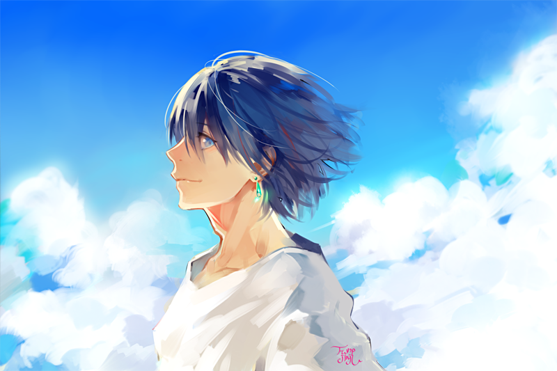 1boy black_hair blue_eyes clouds earrings funpjinju howl_(howl_no_ugoku_shiro) howl_no_ugoku_shiro jewelry short_hair sky studio_ghibli