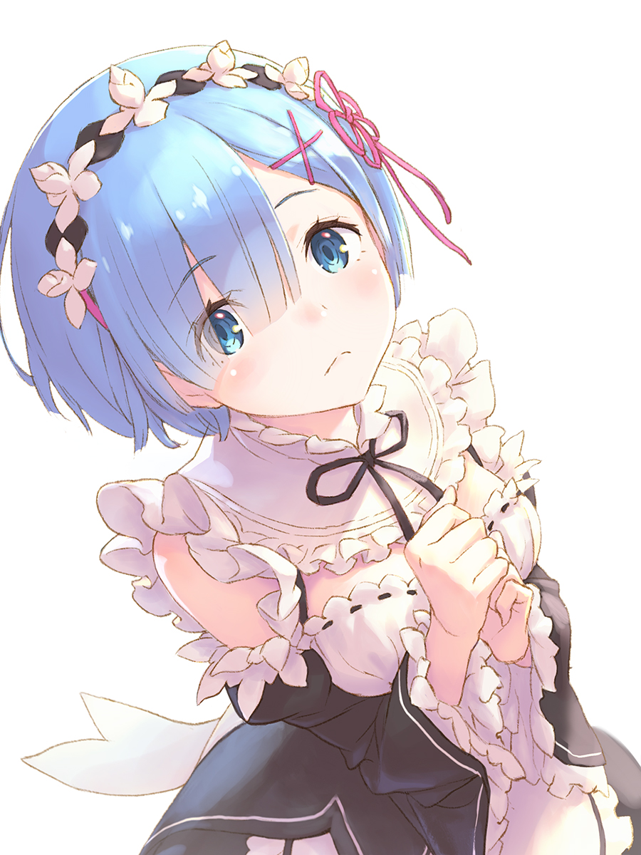 1girl bangs bare_shoulders black_dress blue_eyes blue_hair blush breasts cleavage detached_sleeves dress face frills hair_ornament hair_over_one_eye hair_ribbon hands_on_own_chest hands_together highres hisakata_souji looking_at_viewer looking_up maid maid_headdress medium_breasts re:zero_kara_hajimeru_isekai_seikatsu rem_(re:zero) ribbon ribbon-trimmed_clothes ribbon_trim short_hair simple_background solo upper_body white_background x_hair_ornament