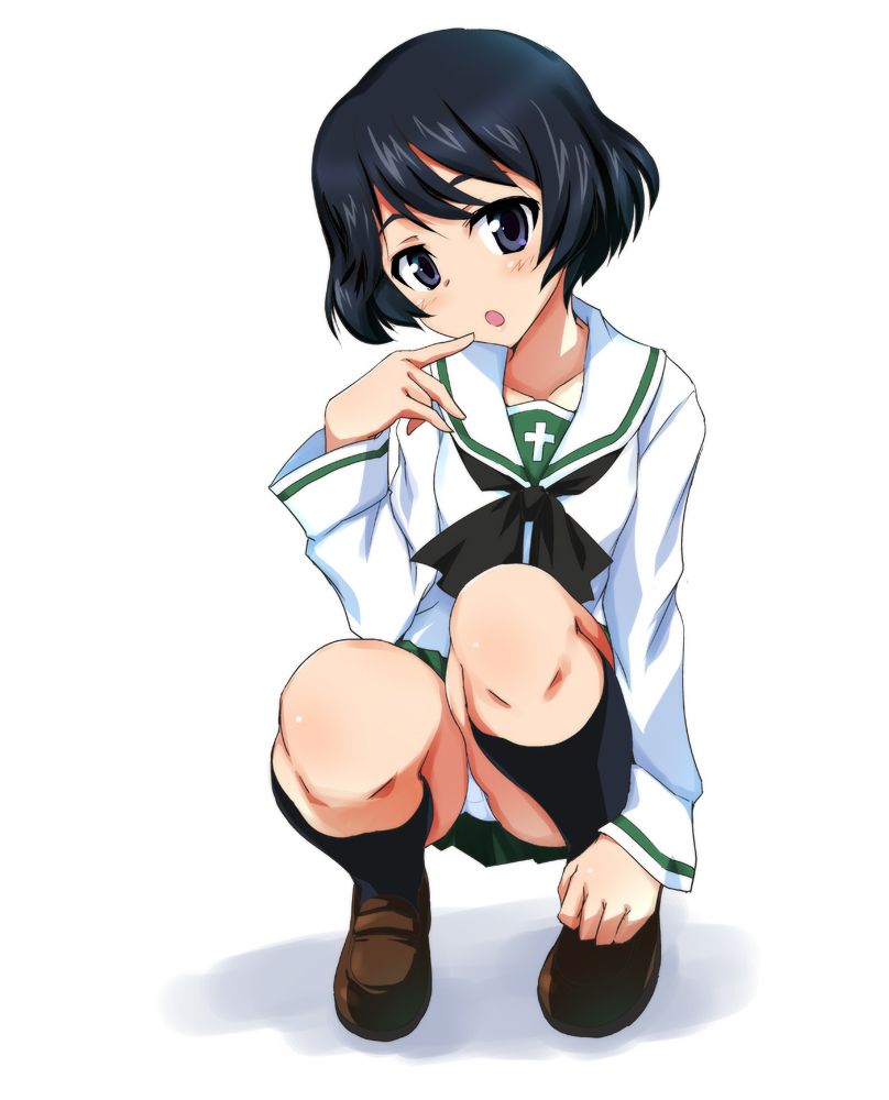 1girl bangs black_eyes black_hair black_legwear blouse brown_shoes full_body girls_und_panzer green_skirt kneehighs loafers long_sleeves looking_at_viewer miniskirt neckerchief ouhashi panties pantyshot pantyshot_(squatting) parted_lips pleated_skirt school_uniform serafuku shoes short_hair simple_background skirt solo squatting underwear utsugi_yuuki white_background white_blouse white_panties