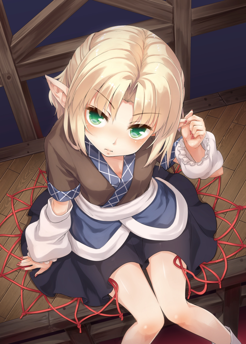 1girl arm_warmers bare_legs black_skirt blonde_hair breasts bridge from_above green_eyes half_updo highres knees_together_feet_apart mizuhashi_parsee nail_polish pointy_ears red_nails short_sleeves sitting skirt small_breasts touhou usotsuki_penta