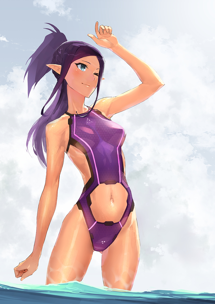 1girl adapted_costume arm_up ass_visible_through_thighs blue_eyes blue_sky breasts clouds cowboy_shot highres long_hair looking_up macross macross_delta mirage_farina_jenius navel navel_cutout ocean one-piece_swimsuit one_eye_closed outdoors partially_submerged pointy_ears ponytail purple_hair sketch sky smile solo standing swimsuit tatsuwo wading water