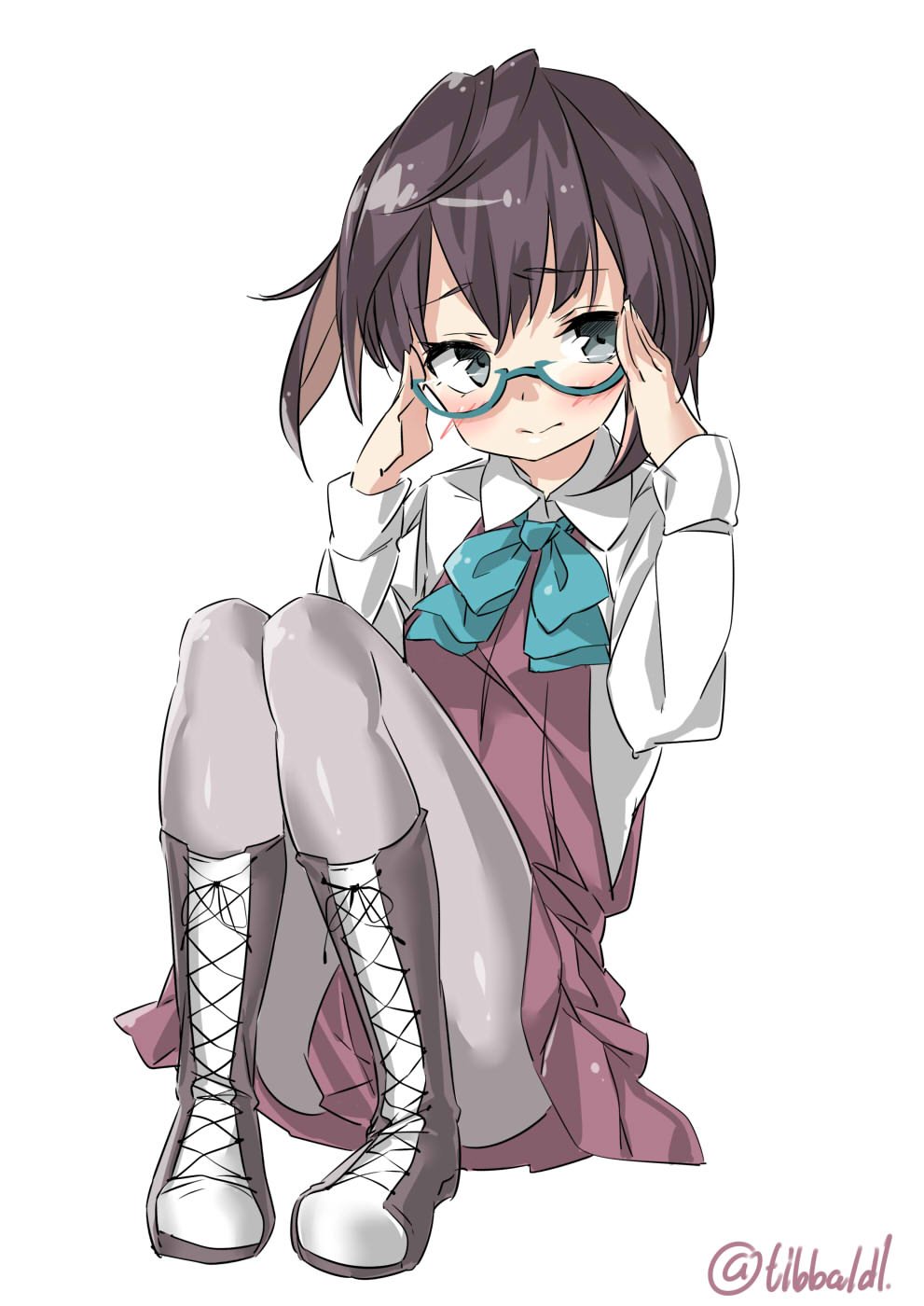 1girl adjusting_glasses arms_up bangs black_eyes blue-framed_eyewear blue_bow blue_bowtie blush boots bow bowtie closed_mouth collared_shirt cross-laced_footwear dress ebifurya eyebrows eyebrows_visible_through_hair full_body glasses grey_legwear highres kantai_collection knee_boots knees_together_feet_apart knees_up lace-up_boots long_sleeves looking_at_viewer multicolored_hair okinami_(kantai_collection) pantyhose pink_dress semi-rimless_glasses shirt short_hair simple_background sitting sleeveless solo twitter_username two-tone_hair under-rim_glasses white_background white_shirt