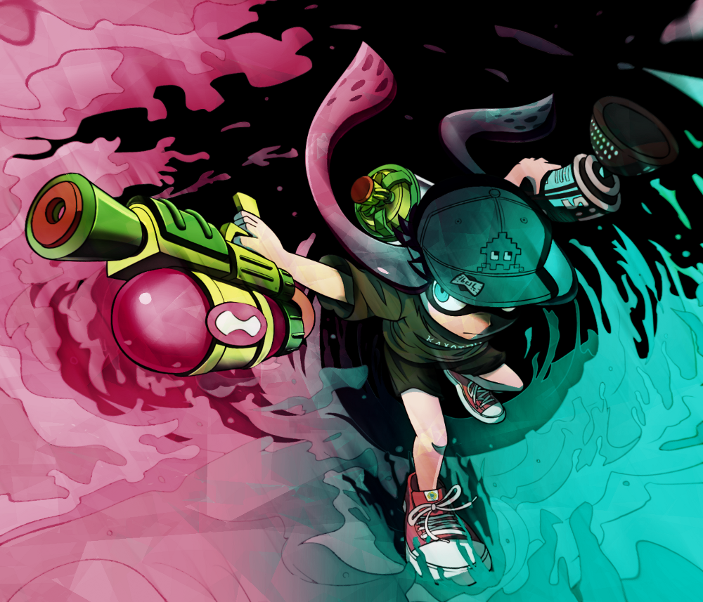 1girl aqua_eyes baseball_cap black_shirt black_shoes dual_wielding foreshortening from_above hat houten_(dre_a_mer) ink_tank_(splatoon) inkling looking_at_viewer pink_hair red_shoes serious shirt shoes short_sleeves sneakers solo splatoon splattershot_(splatoon) standing suction_bomb_(splatoon)