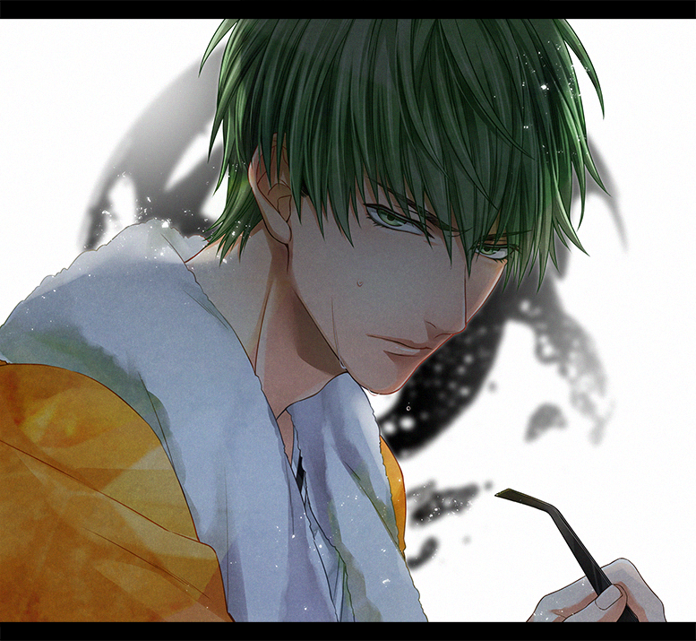 1boy glasses glasses_removed green_eyes green_hair itohara kuroko_no_basuke male_focus midorima_shintarou short_hair solo sweat towel