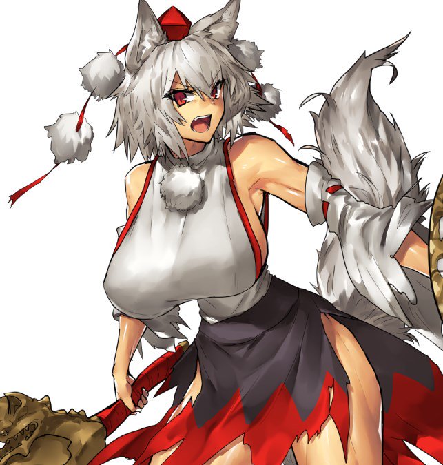 1girl angry animal_ears armpits bare_legs breasts commentary_request contrapposto cowboy_shot curvy detached_sleeves fang hanging_breasts hat hips holding holding_sword holding_weapon inubashiri_momiji large_breasts leaf_print legs looking_at_viewer melon22 miniskirt muscle muscular_female open_mouth pom_pom_(clothes) red_eyes ribbon-trimmed_sleeves ribbon_trim shield shiny shiny_skin short_hair shouting side_glance sideboob skirt solo standing sword tail thighs tokin_hat torn_clothes torn_skirt torn_sleeves touhou turtleneck weapon white_hair wide_hips wolf_ears wolf_tail