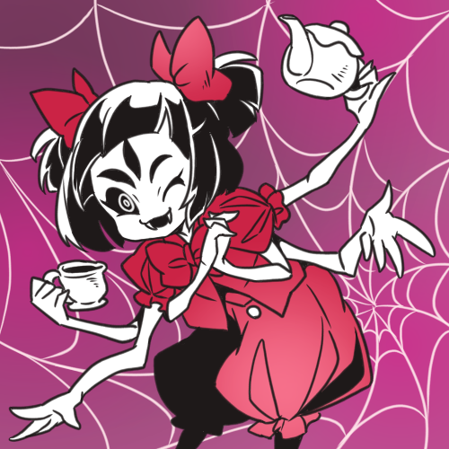 cup fangs hair_ribbon insect_girl kettle kinifuness lowres muffet multiple_arms one_eye_closed ribbon silk spider_girl spider_web spider_web_background teacup twintails undertale