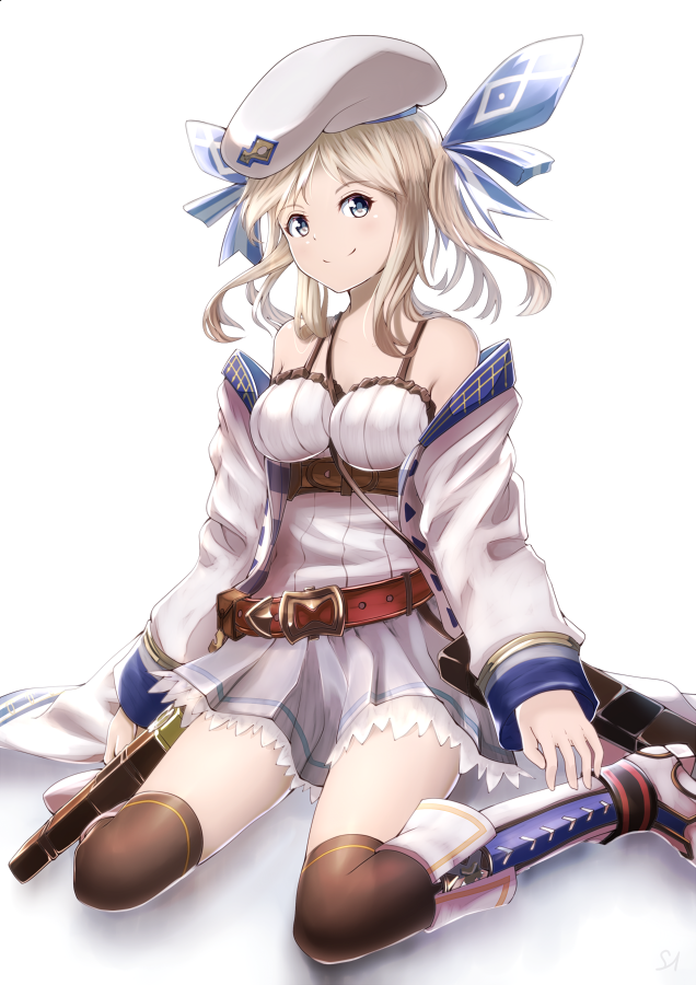 1girl bare_shoulders beltskirt beret black_legwear blonde_hair blue_ribbon boots breasts closed_mouth detached_sleeves dress granblue_fantasy green_eyes hair_ribbon hat kukuru_(granblue_fantasy) long_hair long_sleeves looking_at_viewer marusan medium_breasts over-kneehighs ribbon short_dress sitting smile solo strap_cleavage thigh-highs twintails wariza white_background white_boots white_dress zettai_ryouiki