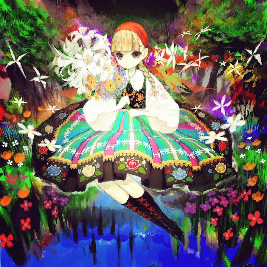 1girl bangs blonde_hair blunt_bangs blurry boots braid colorful cross-laced_footwear dress european_clothes faux_traditional_media flower folklore fusen lace-up_boots long_hair looking_at_viewer original pale_skin poland polish polish_clothes solo traditional_clothes tree