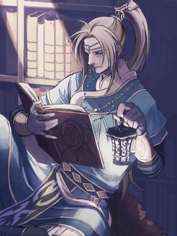 1boy blue_(saga_frontier) blue_eyes book bookshelf hair_ornament indoors jewelry lantern necklace open_book ponytail reading saga saga_frontier scarf_removed sitting solo yuzukarin