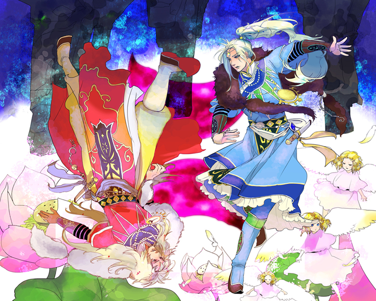 2boys angel blue_(saga_frontier) blue_boots blue_clothes boots bracer dagger flower ground_cherry jewelry long_hair male_focus multiple_boys necklace oitsukenai ponytail ring robe rouge_(saga_frontier) saga saga_frontier scarf sheath sheathed siblings tagme twins upside-down weapon white_hair wide_sleeves