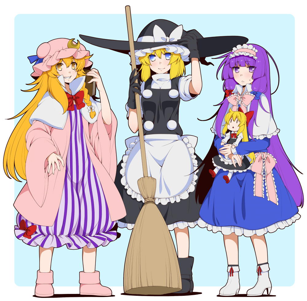 3girls :&lt; alice_margatroid apron bangs black_gloves black_shoes black_skirt black_vest blonde_hair blue_background blue_bow blue_dress blue_eyes blunt_bangs bow bowtie braid broom capelet commentary_request cosplay costume_switch crescent crescent_hair_ornament dress eichi_yuu frilled_bow frills gloves hair_between_eyes hair_ornament hair_ribbon hairband hat hat_bow high_heels kirisame_marisa lolita_hairband long_hair long_sleeves mob_cap multiple_girls patchouli_knowledge pink_bow pink_bowtie pink_coat pink_shoes puffy_short_sleeves puffy_sleeves purple_hair red_bow red_bowtie ribbon shanghai_doll shoes short_sleeves side_braid sidelocks single_braid skirt sleeve_cuffs striped striped_dress sweat touhou tress_ribbon turtleneck very_long_hair violet_eyes waist_apron white_apron white_bow white_shoes wide_sleeves wing_collar witch_hat yellow_eyes |_|