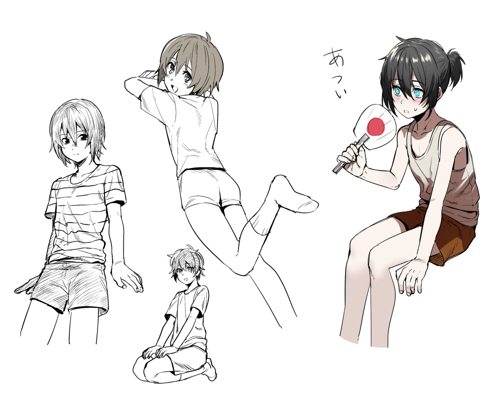 4boys bare_shoulders blue_eyes erubo fan multiple_boys partially_colored seiza shirt shorts sitting socks striped striped_shirt tank_top