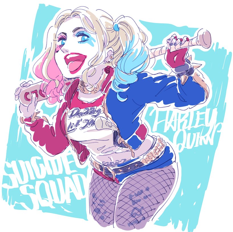 1girl baseball_bat belt blonde_hair bracelet dc_comics fishnets harley_quinn jacket jewelry mitsumoto_jouji shorts spiked_bracelet spikes suicide_squad