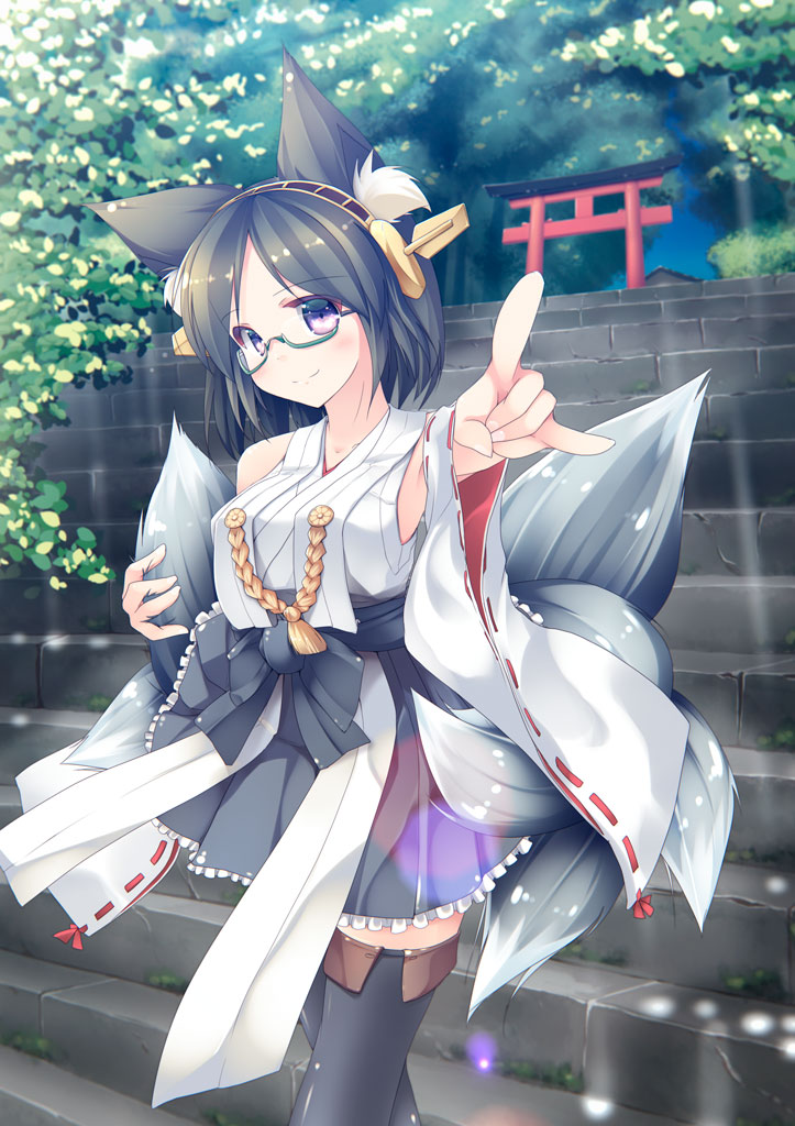 1girl animal_ears bare_shoulders black_hair blouse boots breasts detached_sleeves forest fox_ears fox_tails glasses green-framed_eyewear hairband headgear japanese_clothes kantai_collection kirishima_(kantai_collection) nature nontraditional_miko ribbon-trimmed_sleeves ribbon_trim short_hair shrine smile solo stairs thigh-highs thigh_boots torii torii_(kedamatori) tree