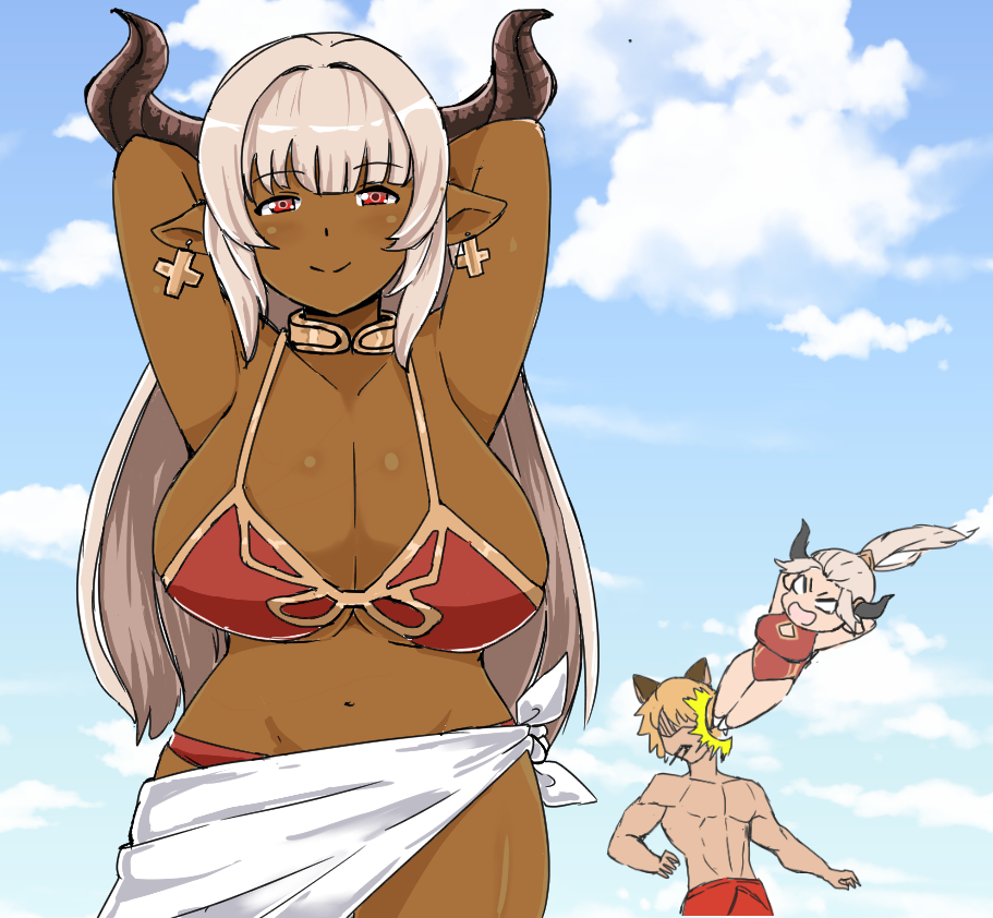 1boy 2girls adapted_costume alicia_(granblue_fantasy) aliza_(granblue_fantasy) alternate_skin_color animal_ears arms_up bangs bikini blue_sky blush breasts cat_ears cleavage clouds collarbone cross cross_earrings curvy dark_skin day doraf earrings erun_(granblue_fantasy) eyebrows eyebrows_visible_through_hair flying_kick ghostdoctor granblue_fantasy groin hair_intakes horns in_the_face jealous jewelry kicking large_breasts long_hair looking_at_viewer mature mother_and_daughter multiple_girls navel one-piece_swimsuit outdoors pointy_ears ponytail red_bikini red_eyes sagging_breasts sarong silver_hair sky smile solo_focus spitting spitting_blood stan_(grandblue_fantasy) swimsuit under_boob