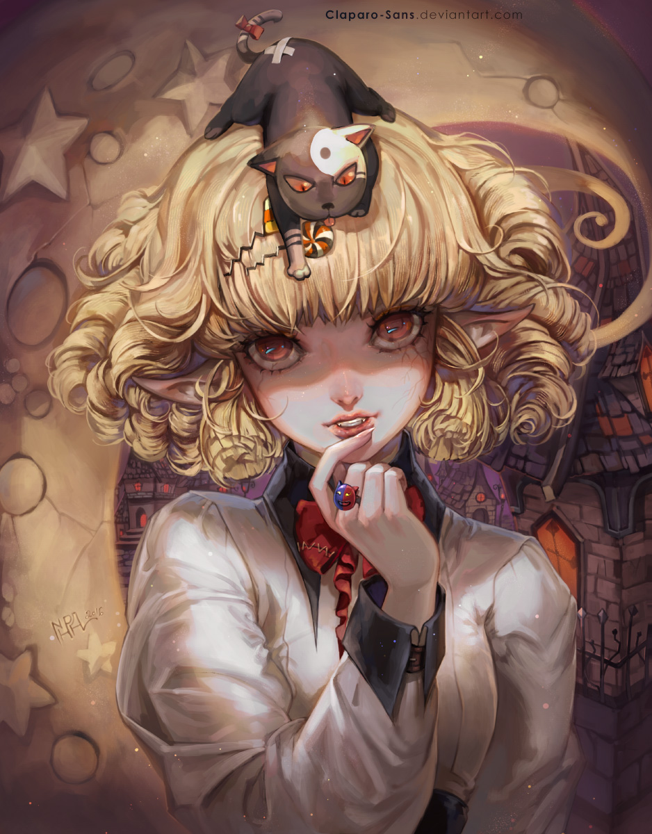 1girl animal animal_on_head blonde_hair bow cat cat_on_head curly_hair fang hair_ornament hairclip highres jewelry lips loli_ruri orange_eyes phong_anh pointy_ears puffy_sleeves ragnarok_online red_bow ring short_hair solo
